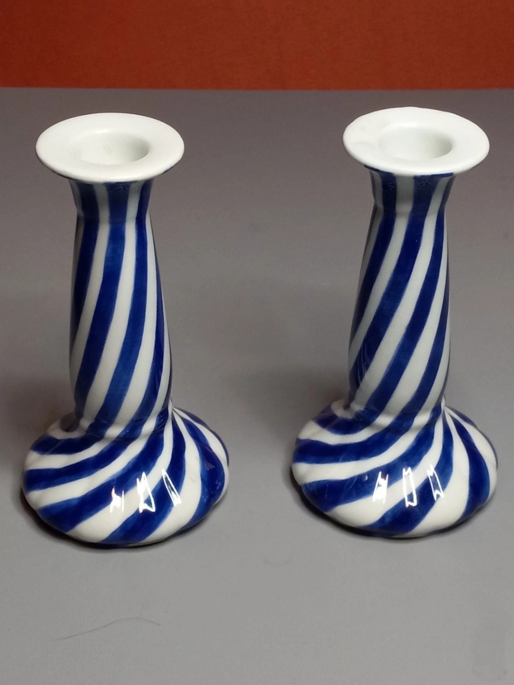 Vintage Set 2 Ceramic Blue Swirl Candle Holders 6" Made In Thailand